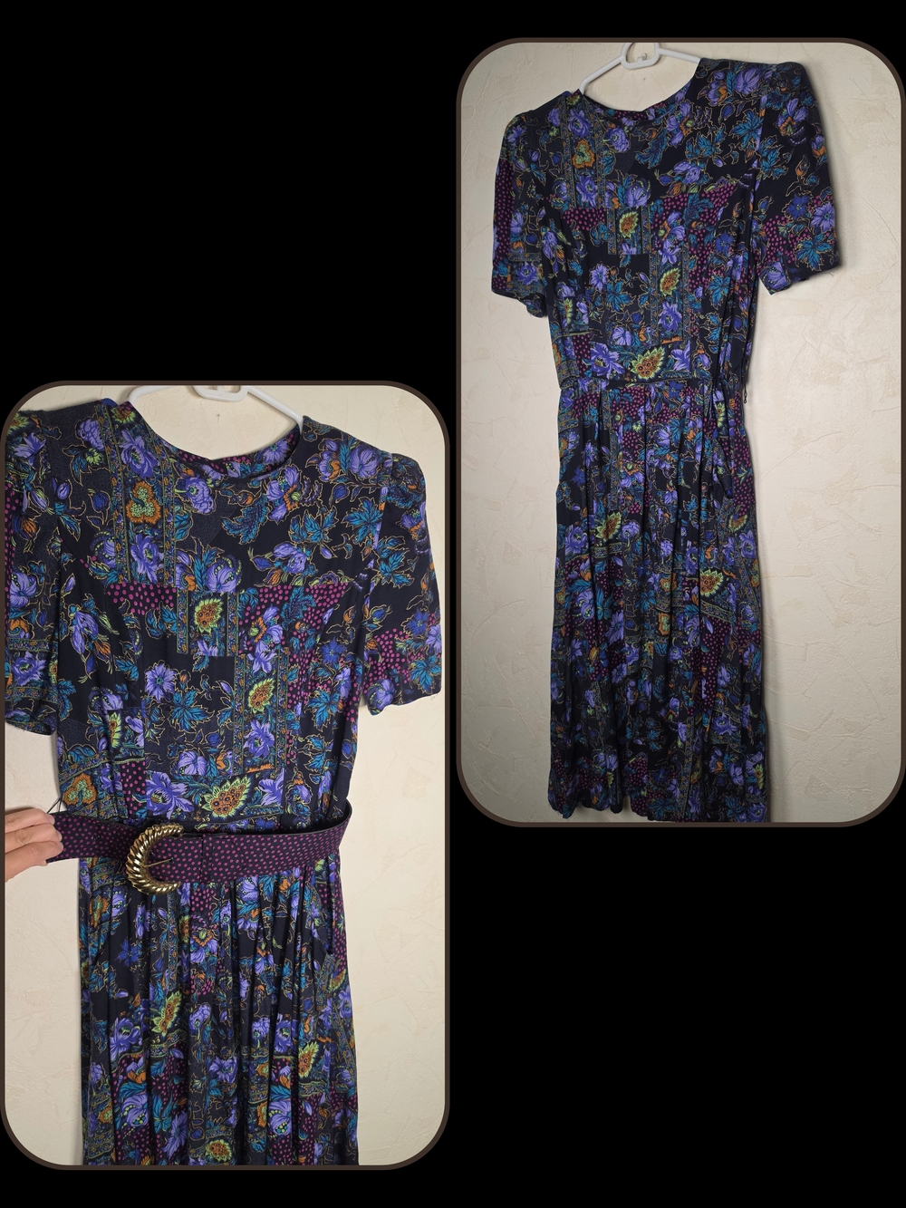 Vintage 80s 90s Jessica Howard Dark Floral Patchwork Midi Dress with Belt Size 6